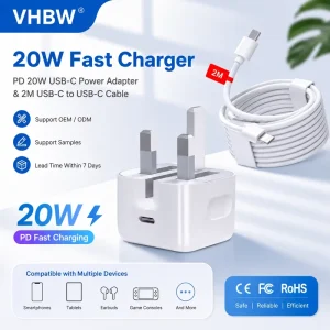 20W PD 3.0 USB-C Wall Charger with UK Plug and 2M USB-C Cable