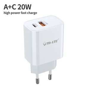 20W PD Charger, Dual-Port USB-C Wall Adapter, Portable Travel Charger, EU/US/UK Plugs, Fireproof GaN