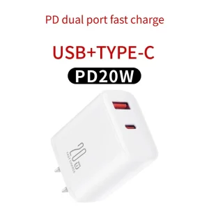 20W PD Charger with USB-C and USB Ports for Mobile Phones, Laptops, and Cameras