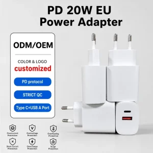 20W PD Power Adapter Dual-Port USB-C USB-A Wall Charger EU Plug for Mobile Travel