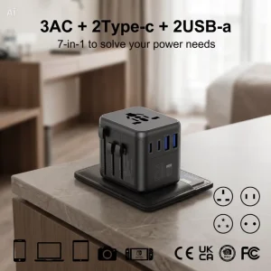 20W Universal Plug Travel Adapter Charger with 2 AC Outlets 2 USB C 2 USB A Compact Fast Charging for Global Travel Phone