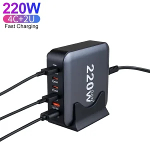 220W GaN Desktop 4C2A Multi Port 100W Type-C USB-C 30W Power Fast Charger for Laptop Mobile Phone