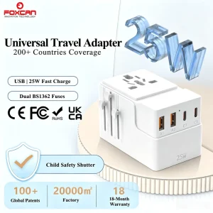 2400W AC Universal Plug Travel Adapter PD 25W QC3.0 2USB C+2USB A GaN All One CE FCC Certified for Watch Earphone