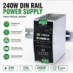 240W 24V 10A DIN Rail Switching Power Supply AC/DC Regulated SMPS for Industrial Automation LED Strip CCTV HX-240NDR-24