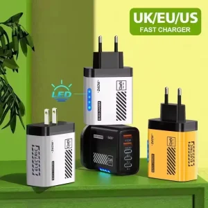240W 5-Port USB-C Fast Charger, EU/US/UK Plug, LED Light, Desktop Power Adapter