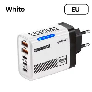 240W 5 Ports Type-C USB Fast Charger EU US UK Plug LED Light Desktop Power Adapter