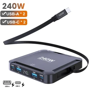 240W Desktop Charger Digital Display GaN Fast Charger 100W Retractable Cable USB C Phone Charger for iPhone 17 Samsung MacBook