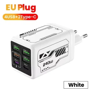 240W USB-A PD EU/UK/US Plug Multi-Port Power Adapter for iPad, iPhone and OPPO Devices