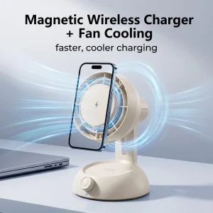 25W Magnetic All-in-one Wireless Charging With Fan 3 in 1 Wireless Charger and Desktop Fan Cooling PD3.0 Fast Charging