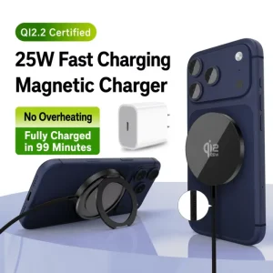 25W Magnetic Wireless Charger with Strong Magnet Foldable Stand and PD Fast Charger Plug USB-C Charging Pad for Phones Earbuds