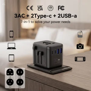 25W PD Mini Travel Adapter with 2 AC Outlets, 2 USB-C and 2 USB-A Ports, Worldwide Charger