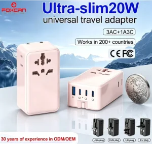 25W Ultra Slim All in One 1 USB A 3 USB C PD QC3.0 Multi Port Portable Travel Charger for Laptop Mobile Phone & Camera