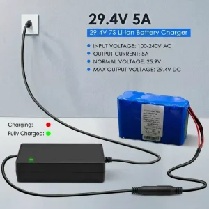 29.4V 5A Electric Scooter Bike Charger with 12mm 3 Prong Connector for Hoverboard 24V 25.2V 7S