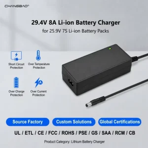 29.4V 8A Lithium Battery Charger for Scooter, Ebike, and Wheelchair 7S 24V 25.9V Battery Packs