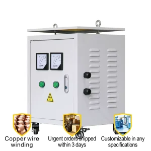 3 Phase Power Transformer 50 60Hz with Wiring Guard Enclosure LCD Monitor and Portable Universal Wheels