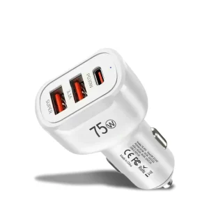 3-Port 75W USB Car Charger Type-C Lighter Charger QC3.0 3.1A Fast Charging Adapter 2 USB and PD30W ABS