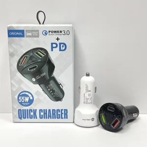 3-in-1 55W Fast-Charging Car Charger, QC3.0, PD 20W, 3.1A, USB Port, Cigarette Lighter, for Phones