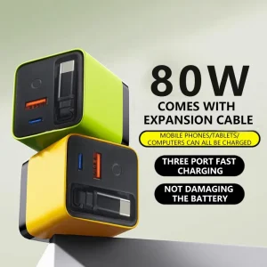3 in 1 Charger 80w Max Fast Charger Module with Type c Cable USB Ports 80 Watt Retractable Phone Charger for iphone Laptops