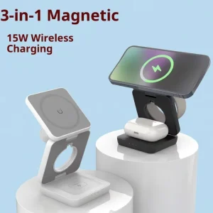 3-in-1 Foldable 15w Fast Charging Magnetic & Holder Wireless Phone Charger Stand Portable for iPhone Smart Watch & Mobile Phone