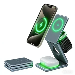 3 in 1 Foldable Magnetic Desktop Wireless Charger 15W Max Fast Charging Compatible Phones Watches Earbuds