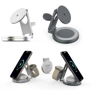 3 in 1 Foldable Magnetic Wireless Charger 15W Smart Fast Charging Station 360 Degree Rotation for iPhone 15/14/13/12