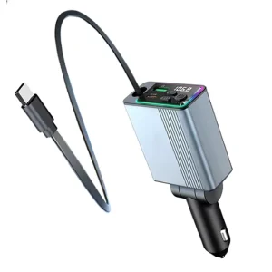 30W Car Charger BT V5.3 FM Transmitter Fast Charge QC3.0 Retractable Cable 75CM USB Type C Cigarette Lighter Adapter