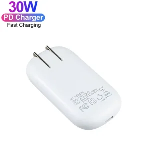 30W GaN Fast Charger Portable Folding US Plug Slim Mini PD USB C Flat Wall Charger for iPhone 13 14 15 Pro USB C Power Adapter