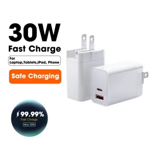 30W PD Interchangeable-Plug Wall Charger USB-A + USB-C QC3.0 PD3.0 Power Adapter
