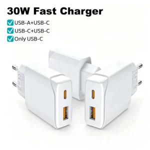 30W Ultra-Slim Dual-Port USB-C USB-A PD Charging Adapter 1C1A 2C
