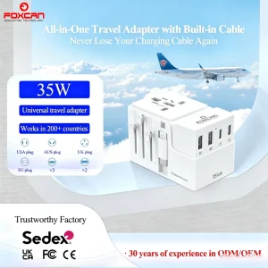 35W GaN Fast-Charging AC Travel Adapter with 3 USB-C and 2 USB-A Ports PD QC3.0 for Laptop Camera and Earphone