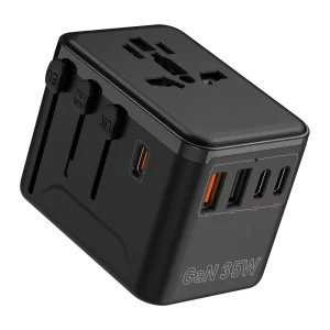 35W Universal Laptop Travel Adapter All in One 2 USB 2 Type C PD AC International Converters UK AUS US EU Plugs Black