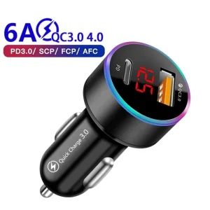 36W PD Type-C QC 3.0 Dual USB-C Car Charger Adapter with LED Digital Display