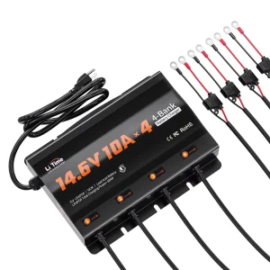 4 Bank 12V 10A 78.74 Inch Output Cable Lithium Battery Charger IP65-rated Intelligent Charging Protection LED Indicator 2-Year