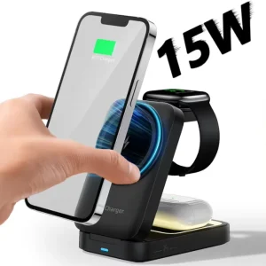 4 in 1 Folding Magnetic Wireless Charging Dock with LED Light USB-C Input 15W Wireless Charger for iPhone Earphone Smart Watch