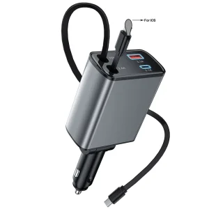 4 in 1 Portable USB Type C Car Charger Fast Charging 78W With Retractable 2 Cables Port Car Charger Adapter For iPhone