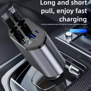 4-in-1 QC3.0 PD 15W DC Car Phone Charger with Retractable Cable, Fireproof Portable Design for Smart Watches and Cameras