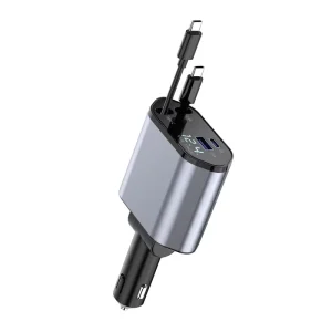 4 in 1 Quick Adapter USB C Retractable Digital Display Output 20W 2-Port Type C PD Car Charger with LED for Laptop Mobile Phone