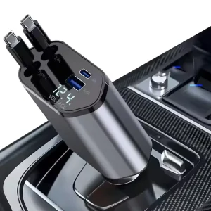 4-in-1 Retractable Car Charger with LED Display, 4 USB Type-C Ports, 60W