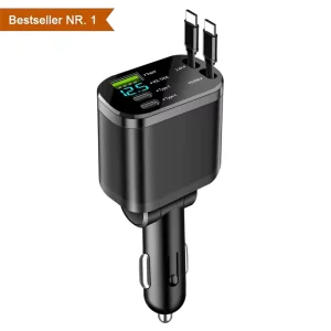 4 in 1 Retractable Car Fast Charging Power Supply Adapter LED Display USB Type C Max 100W