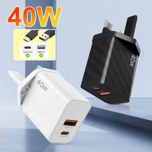 40W 2-in-1 USB-A and USB-C Fast Charging Travel Charger, EU and UK Plugs