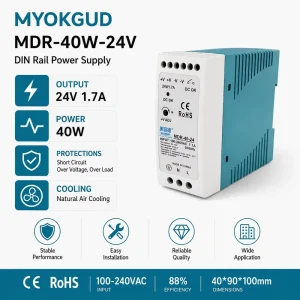 40W 24V 1.7A DIN Rail Power Supply AC 100-240V to DC 24V Switching Driver for Industrial LED Equipment