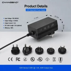 42W Detachable Switching Power Supply 5V 9V 12V 15V 19V 24V 36V 1A 1.5A 2A 2.5A 3A 4A AC DC Interchangeable Plug Power Adapter