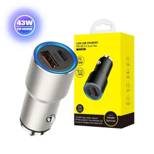 43W 2-Port USB Car Charger with PD Quick Charge 3.0 & OTP Protection Super Fast 5V/3A Charging Adapter for Samsung Mobile Phones