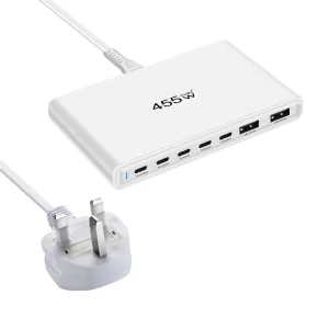 455W GaN Charging Station 7 Port Desktop USB C Charger 5 USB C 2 USB A PD 100W 65W Fast Charging for Laptops
