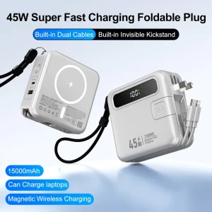 45W 15000mAh Portable Power Bank with PD QC Support, Fireproof High-Capacity Battery Pack for Laptop Phones