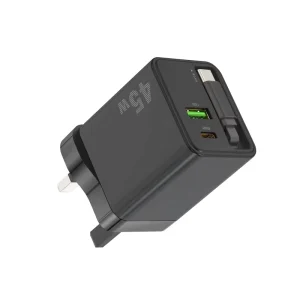 45W/40W Retractable USB-C and USB Multi-Port Wall Charger with PD Charging, UK Plug, Laptop Compatible