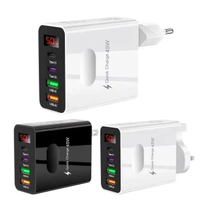 45W 5V 3.1A USB-C LED Digital Display Wall Charger with PD Function 4-Port USB Type-C Fast Charging