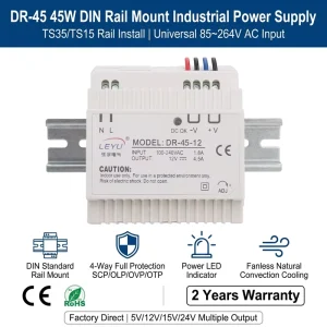45W DR Series DIN Rail Power Supply 110V/220V AC to 12V/24V DC