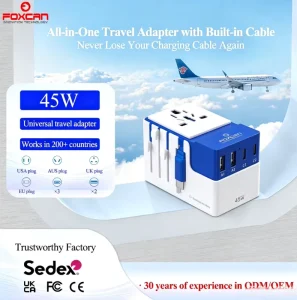 45W GaN Travel Adapter 2C 2A with Retractable USB-C Multi-Plug Power Adapter