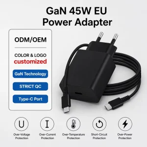 45W GaN USB-C Wall Charger with 1.8M 5A C-to-C Cable, Overcurrent Protection and Temperature Control
